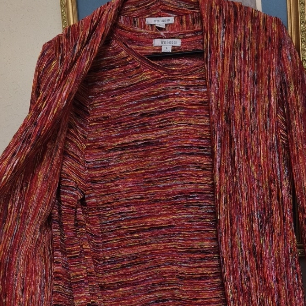 Colorful 2Piece Metallic Cardigan And Long Sleeve Top Career Coastal Grandma - Picture 4 of 12